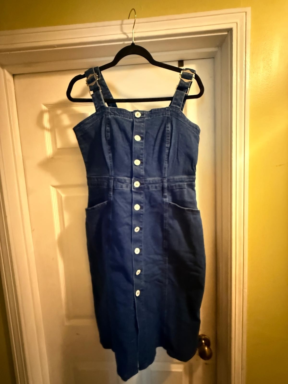 Denim Button-Front Pinafore Dress in Deep Blue